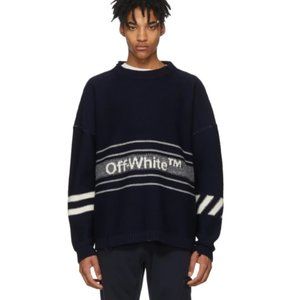 Off White Navy Blue Logo Intarsia Knit Distressed Jumper